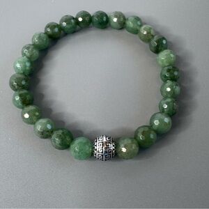 HAND CRAFTED Faceted Jade Stretch Bracelet 7” Green Silver Greek Key Beaded NWT